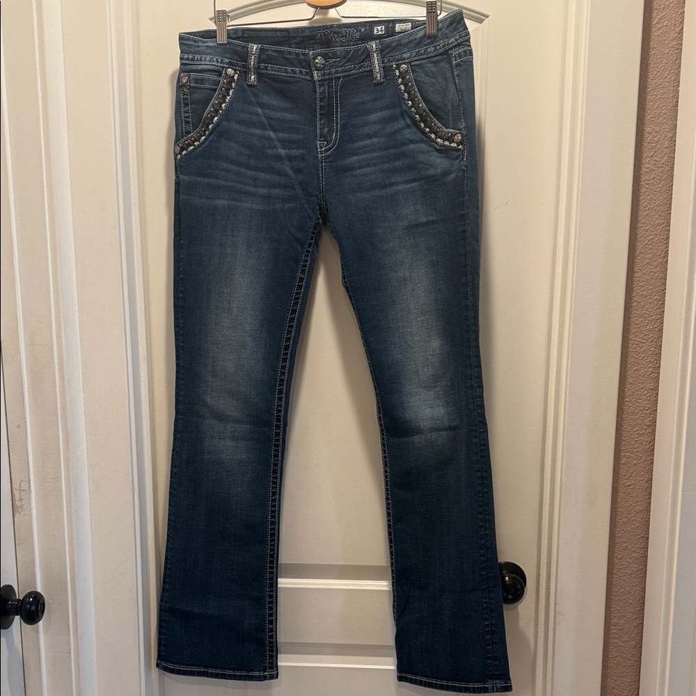 Miss Me Dark Blue Boot Cut Jeans with Silver Accents
